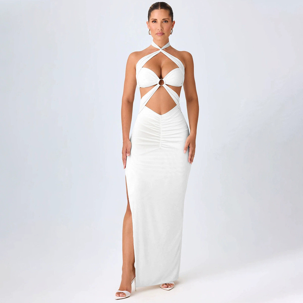 Zara Halter Neck Cross Tie Backless Cutout Pleated Bodycon Long Dress